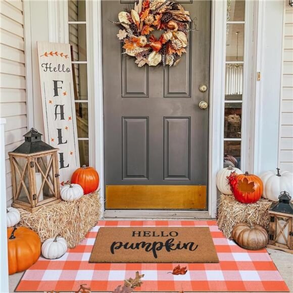 Fall Decor Doormat Combo Set, 100% Coco Coir 3' x 5' Orange and White Plaid Rug - Picture 1 of 7